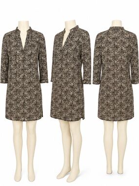 Tory Burch Elephant Print Cotton Tunic Dress Brown Ivory 3/4 Sleeve. Lightweight